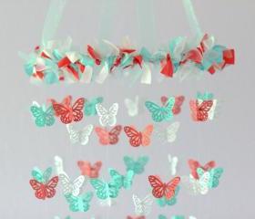 Coral, Aqua & White Butterfly Nursery Mobile
