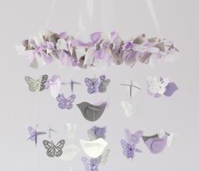 Lavender, Gray & White Butterflies and Birds Nursery Mobile