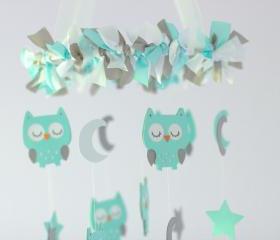 SMALL Owl Nursery Mobile in Aqua, Gray & White