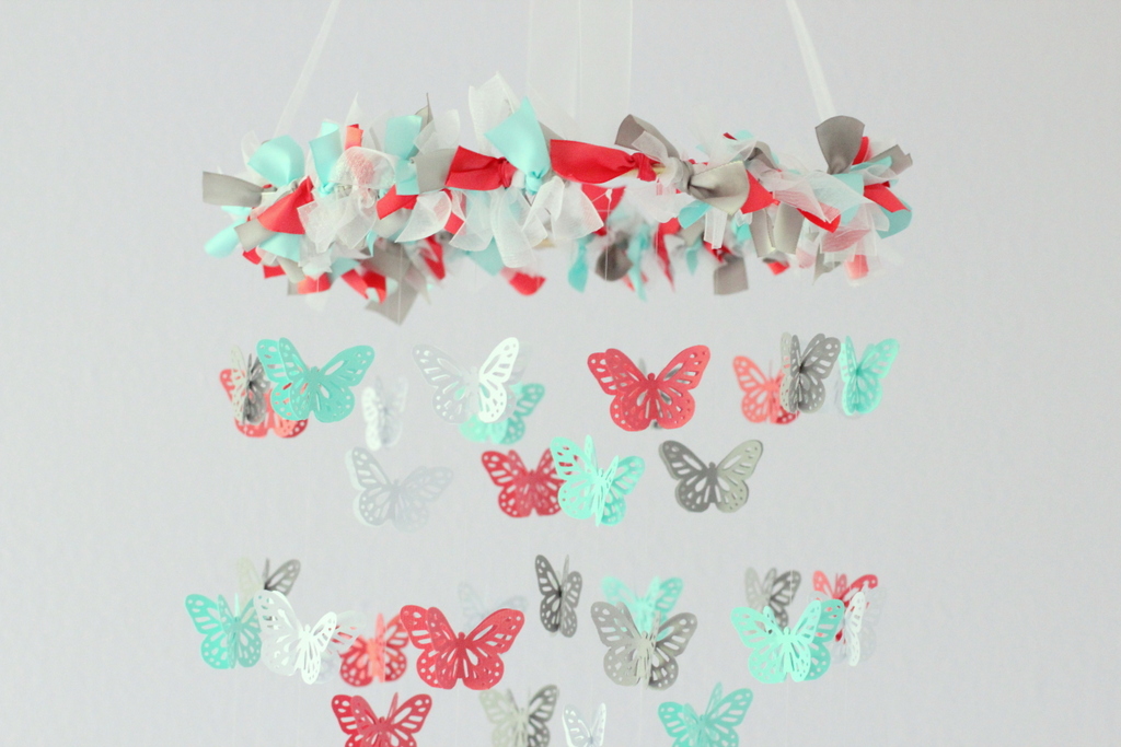 Coral, Aqua, Gray & White Butterfly Nursery Mobile on Luulla