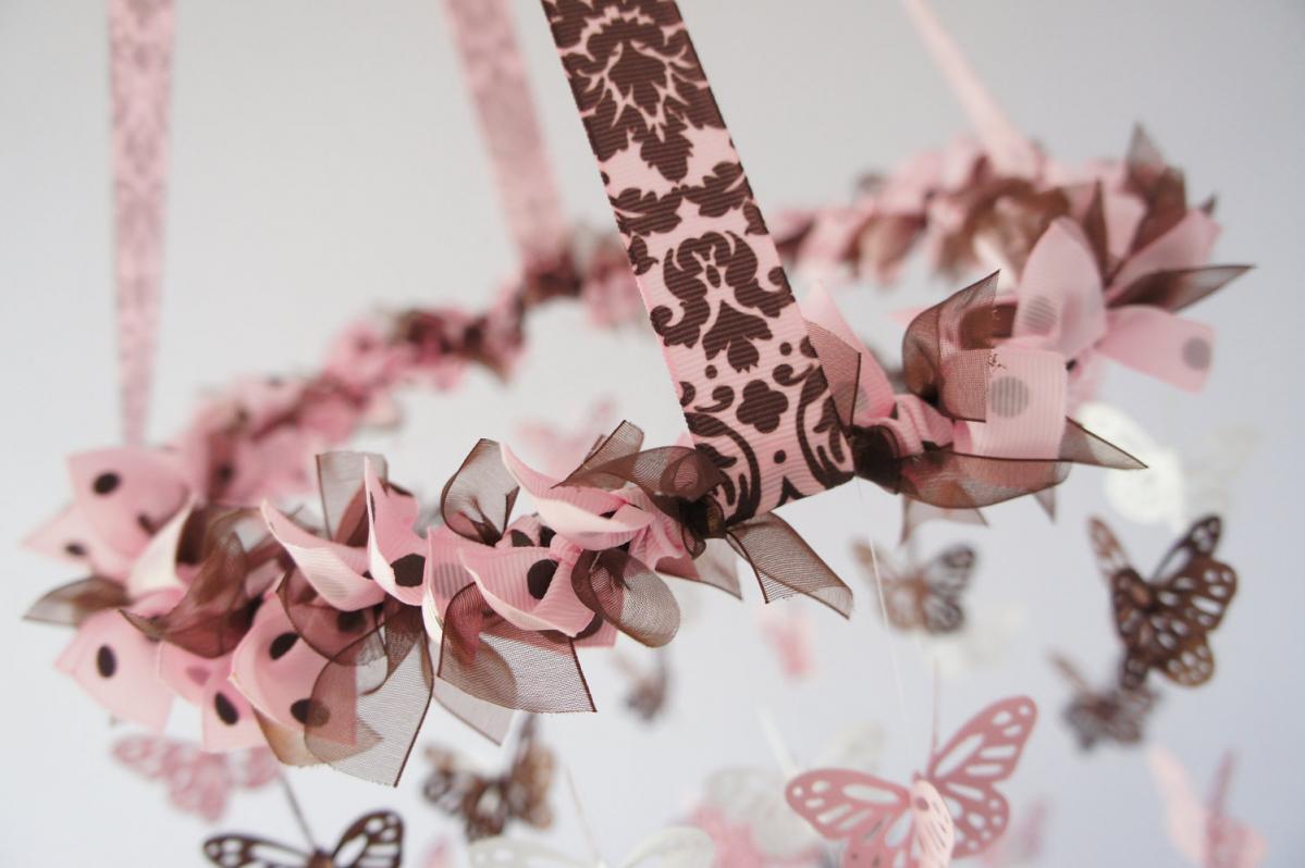 Butterfly Mobile - Pink, Brown and White Nursery Mobile, Baby Shower Gift, Photographer Prop