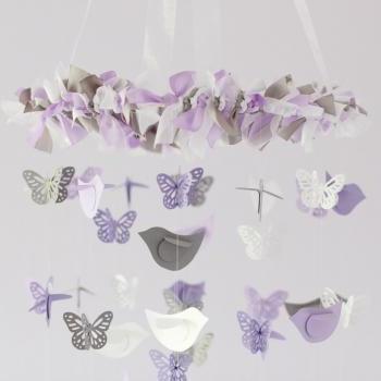 Lavender, Gray & White Butterflies and Birds Nursery Mobile