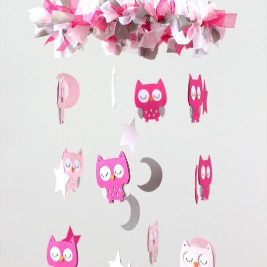 Owl Nursery Mobile In Hot Pink, Baby Pink, Gray & White on Luulla